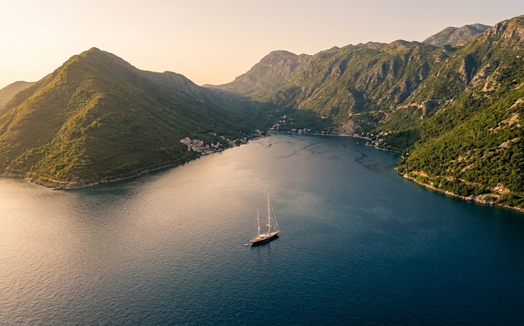 Sailboat anchored in a quiet mountain bay